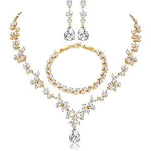 🆕Women Gold Jewelry Set Necklace Dangle Earrings Bracelet Set Cubic Jewelry